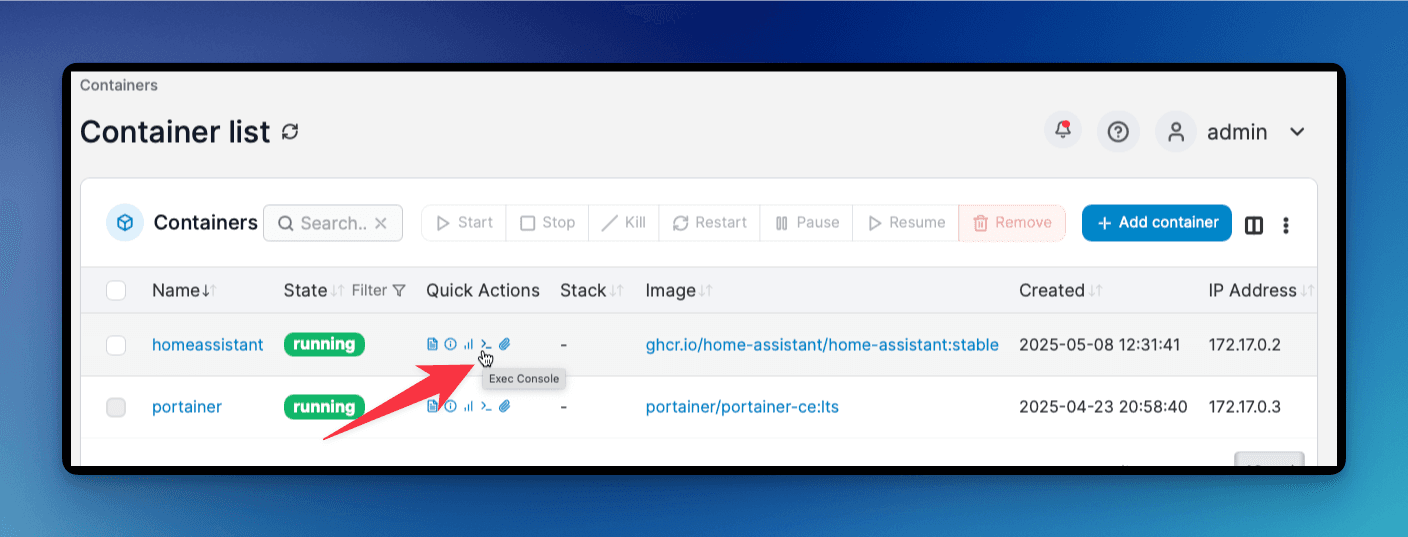 Portainer Exec Console Button
